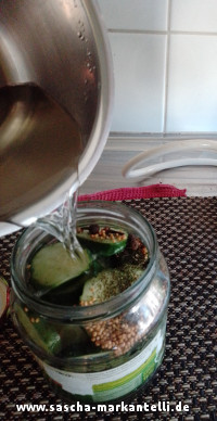 Glas mit geschnittene Gurke und Gewürze und Essig